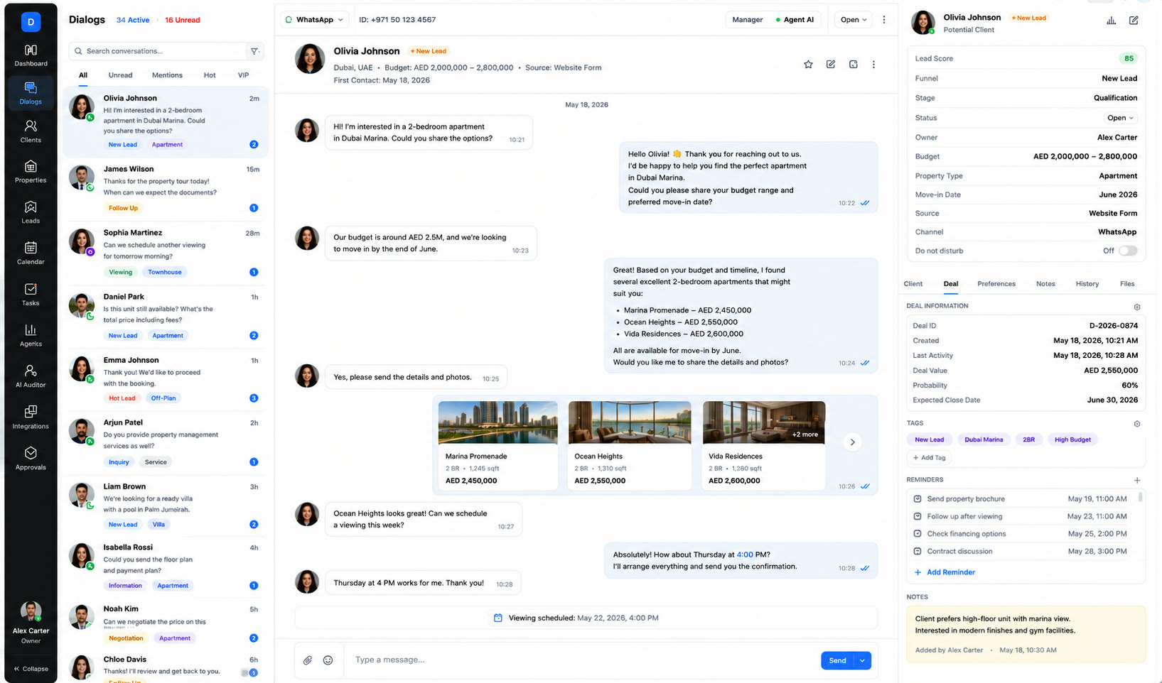 The DOMAK workspace: conversations, a chat with property matching and the deal card